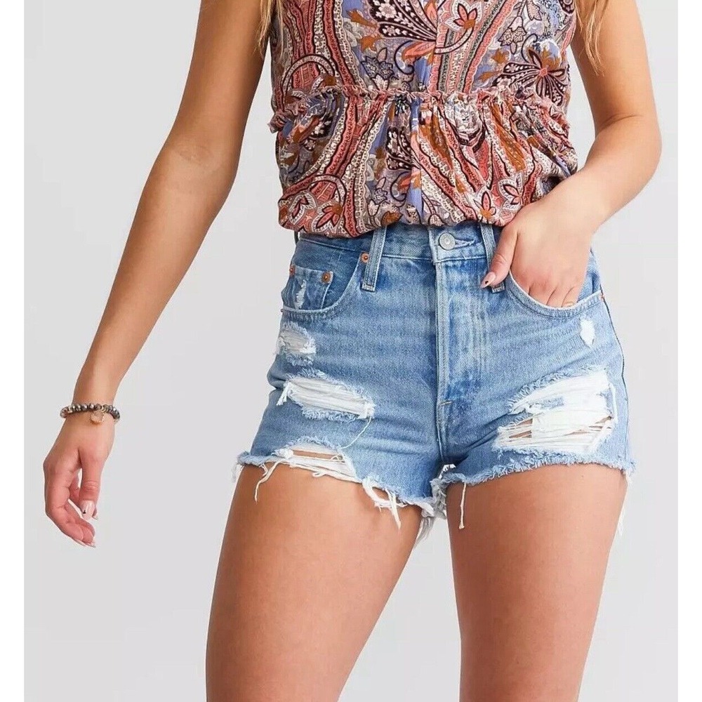 Levi's Premium Womens 501 Cut-Off Jean Shorts Size W 28 Blue Denim Button Fly Go